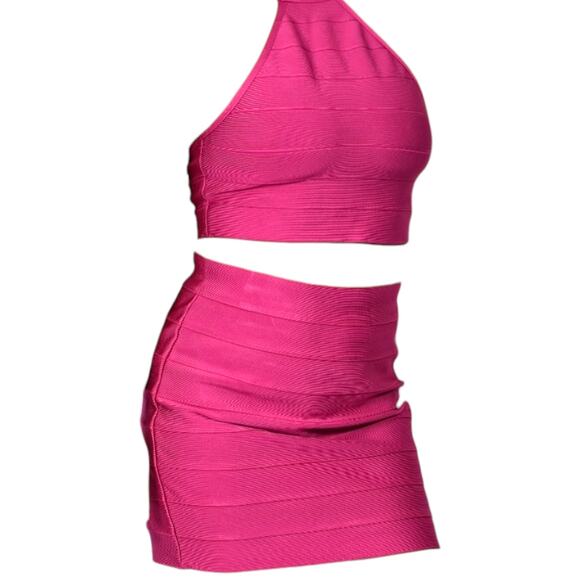 Forever 21 Herve Leger Bandage Skirt Set Pink Matching CoOrd Crop Halter Medium - Picture 8 of 14